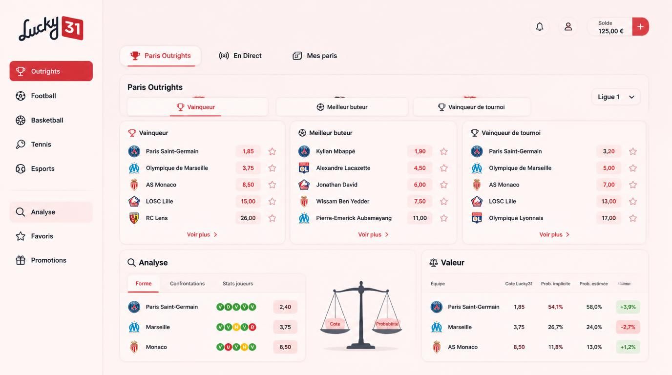 Un écran présentant des paris outrights avec différentes options longue durée et des comparaisons de cotes
