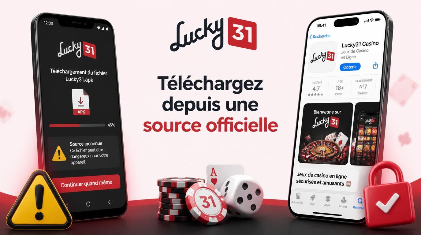Interface mobile montrant APK Android et App Store iOS pour Lucky31