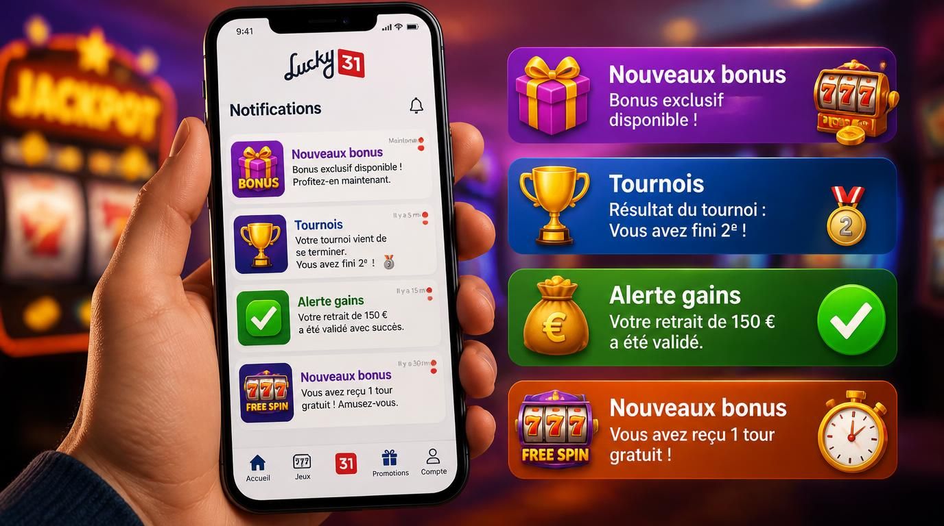 Notifications push slot, bonus, tournoi Lucky31