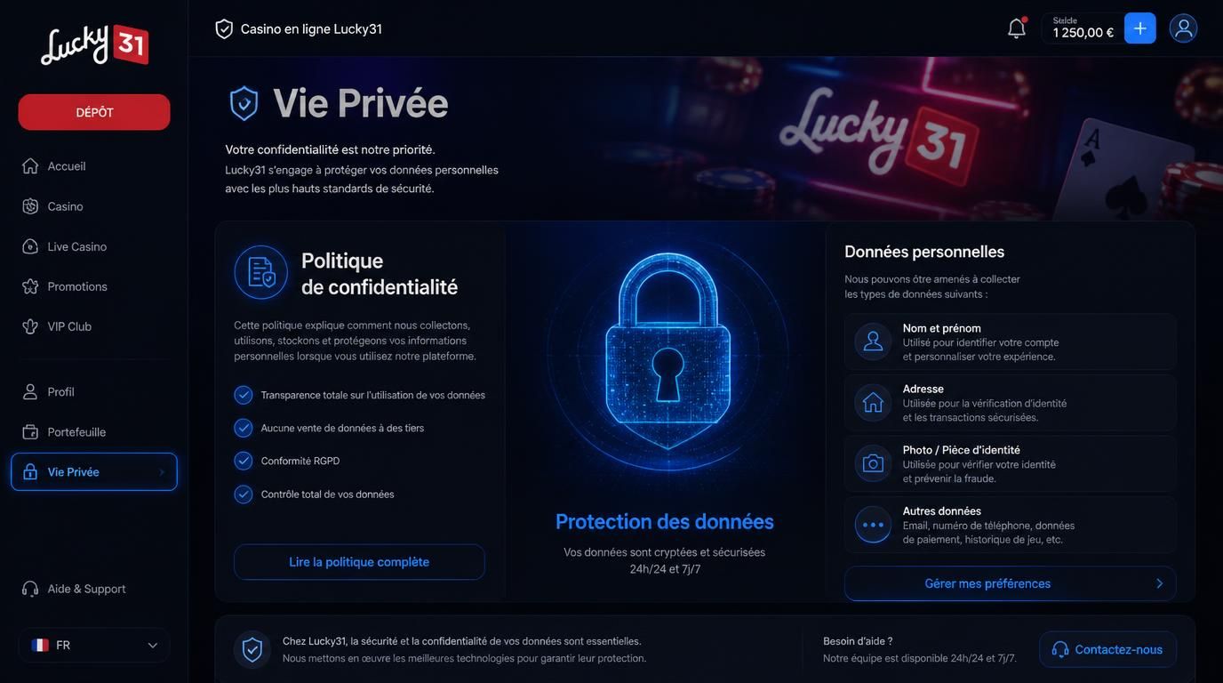 Interface affichant les paramĂštres de vie privĂ©e et protection des donnĂ©es dâun joueur français